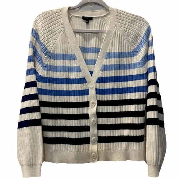 Talbots Women's Size Petite Large V Neck Breton Striped Cardigan Sweater - Picture 1 of 7